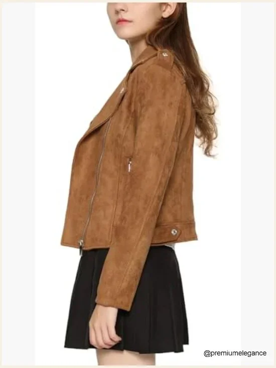 Faux Suede Moto Biker Jacket with Fringe, Fitted, Long Sleeve - Picture 5 of 6